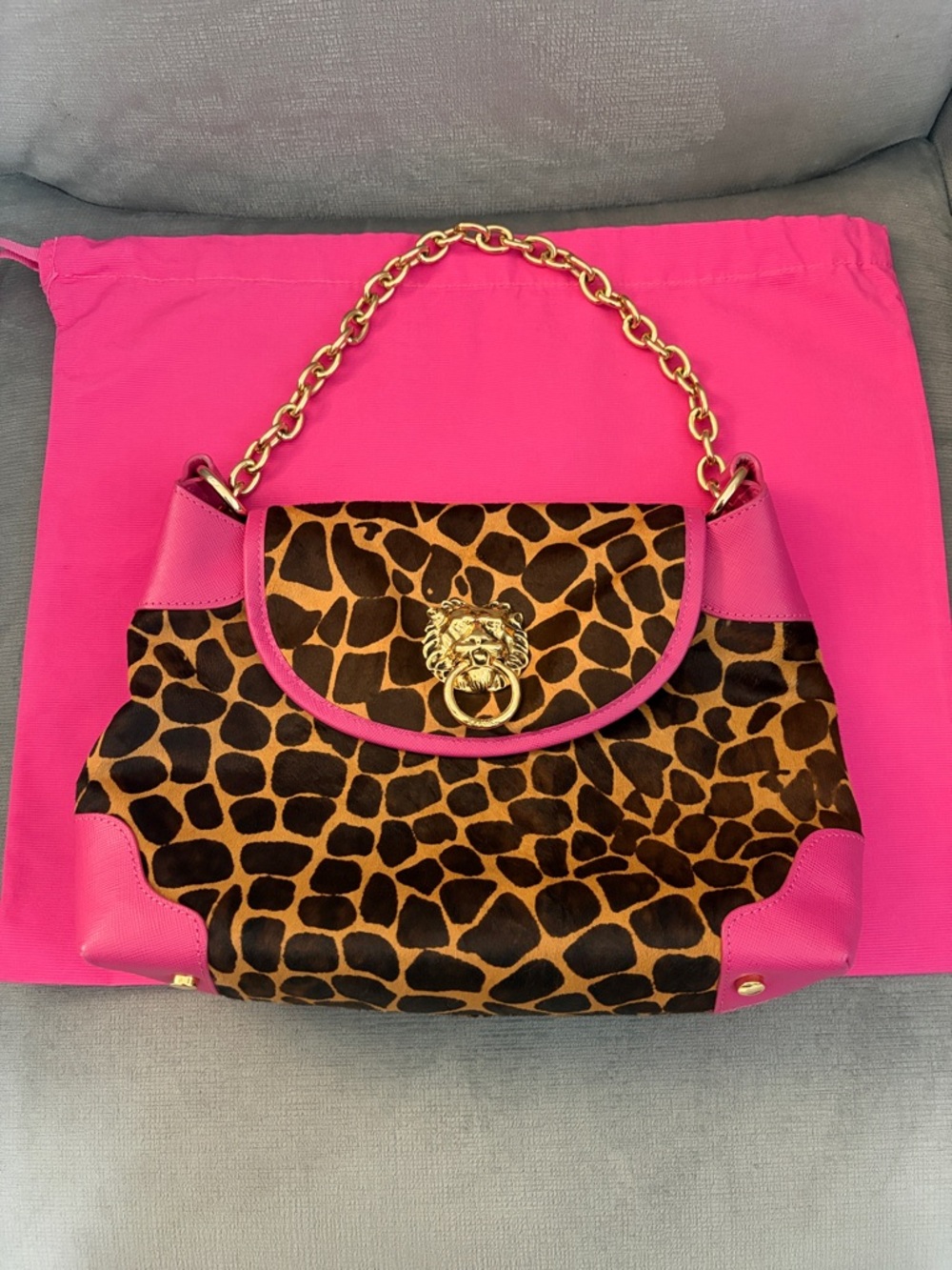 Lilly Pulitzer Giraffe-Print Shoulder Bag with Hot Pink Trim & Gold Chain